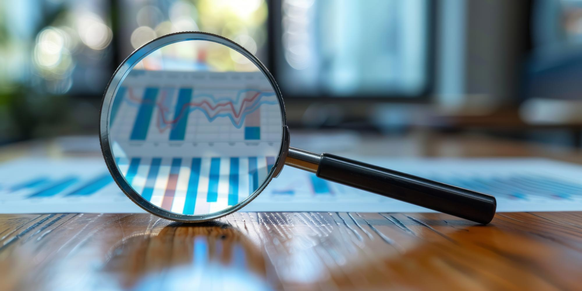 Magnifying glass over financial data chart